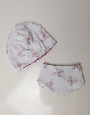 Wendemütze Bio-Jersey weiß mit rosa Schmetterlingen