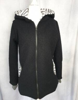 Damenjacke aus Walk schwarz, Jersey gestreift grau / weiß (tailliert)
