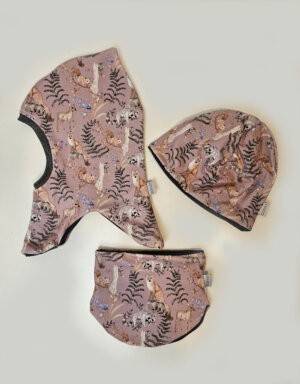Wendemütze Bio-Jersey rosa mit Fuchs, Reh und Waschbär