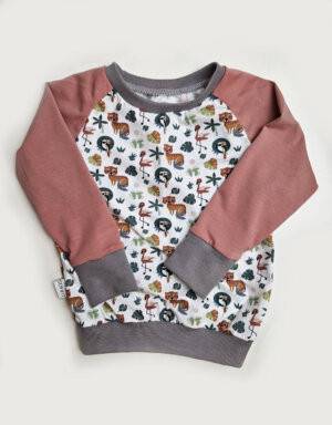 Langarm-Shirt Bio-Jersey weiß mit Tukan, Flamingo, Tiger, Jersey altrosa