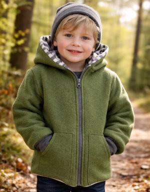 Walkjacke waldgrün, gestreift grau / weiß