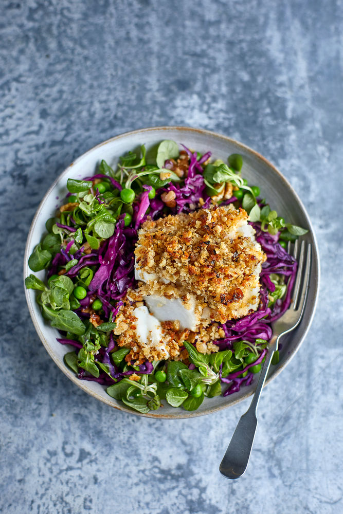 3-2-1: Herb and Walnut Crumbed Fish with Pickled Red Cabbage