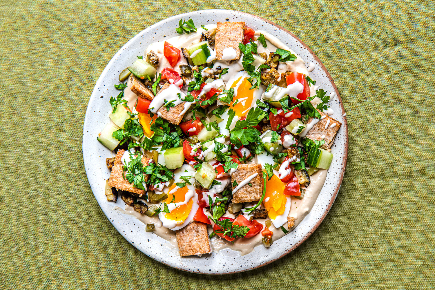 Air-Fried Aubergine, Tomato, Cucumber and Egg Chopped Salad with Hummus and Tahini Dressing