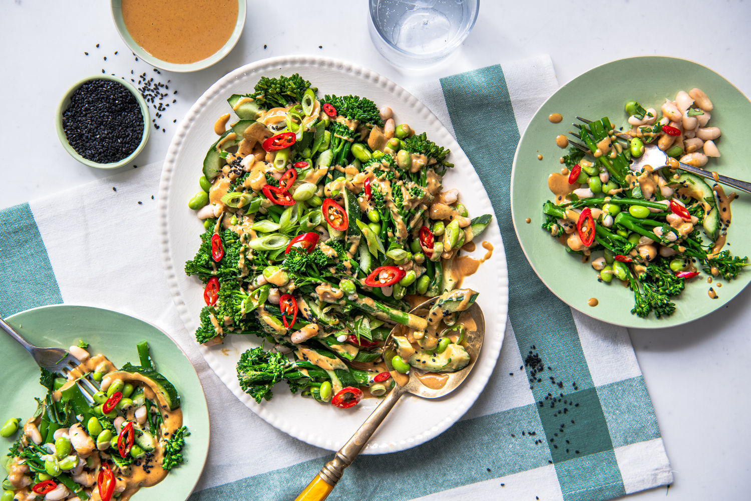 Broccoli, Edamame and Bean Salad with Peanut and Sesame Dressing