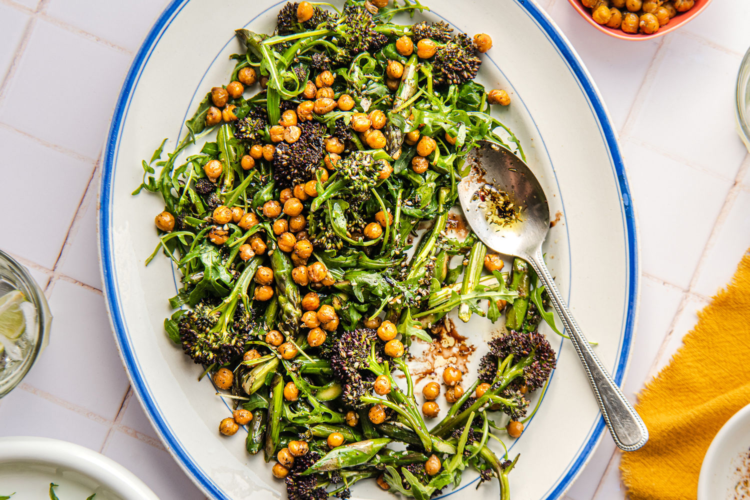 Charred Asparagus, Broccoli and Crispy Za’atar Chickpeas with Rocket