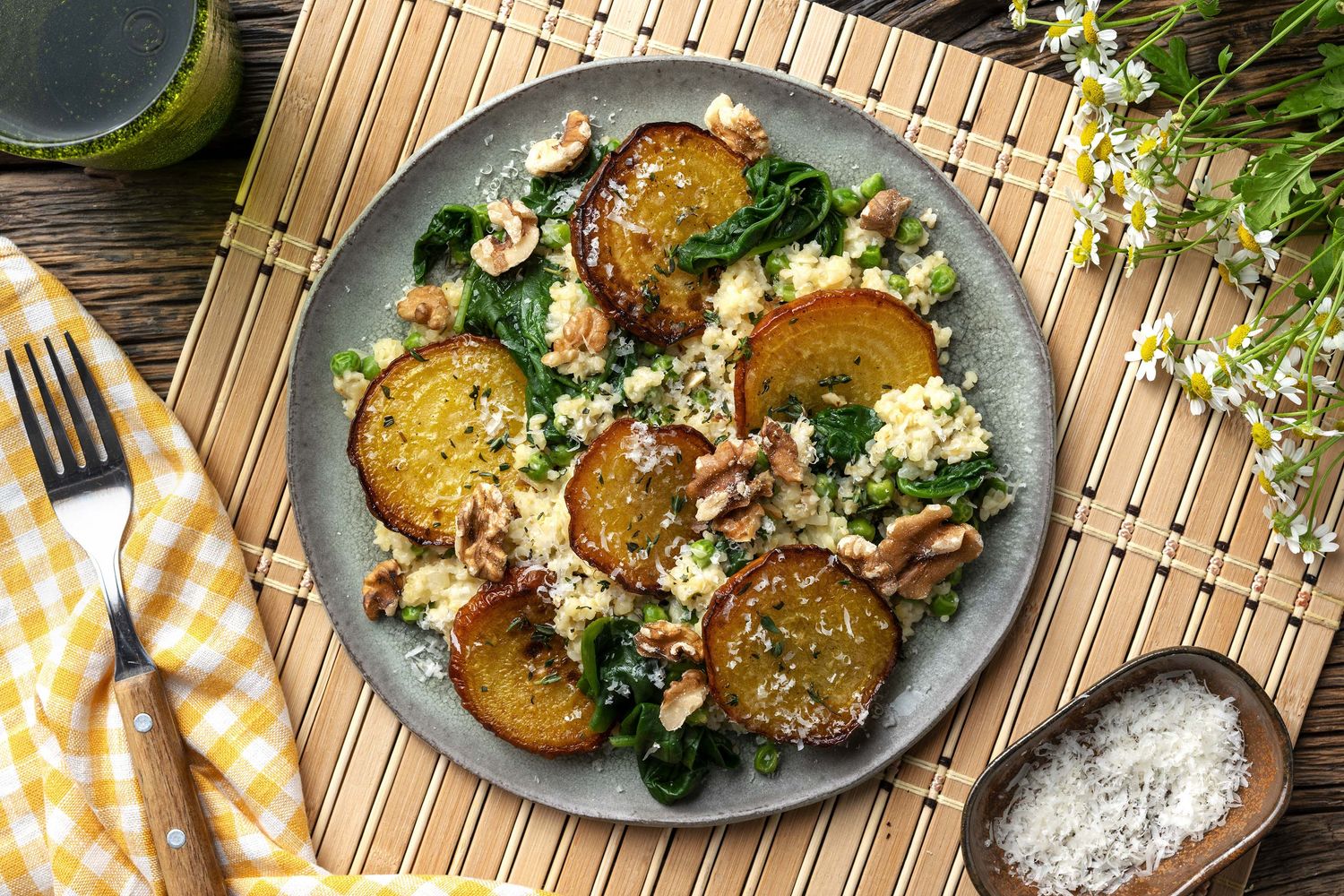 Golden Beetroot Bulgur Wheat Risotto with Spinach, Walnuts and Fresh Thyme