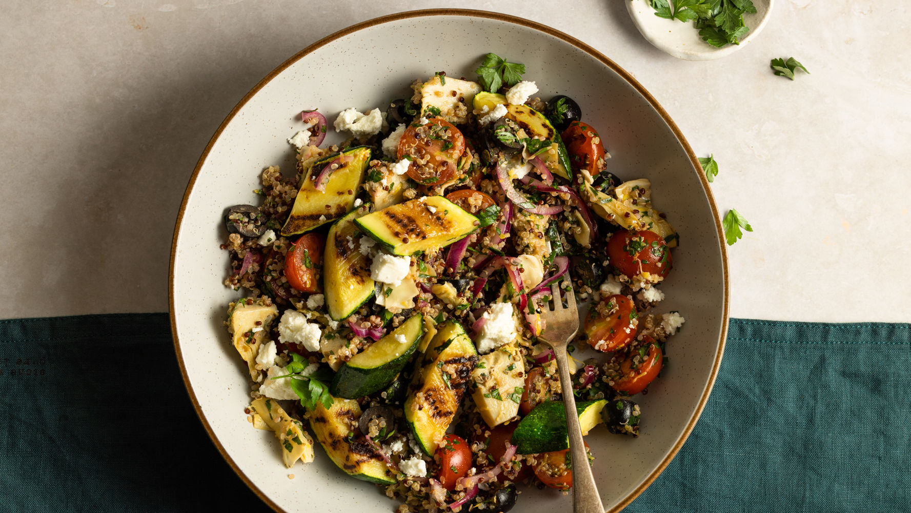 Grilled Courgette, Artichoke & Black Olive Quinoa Salad