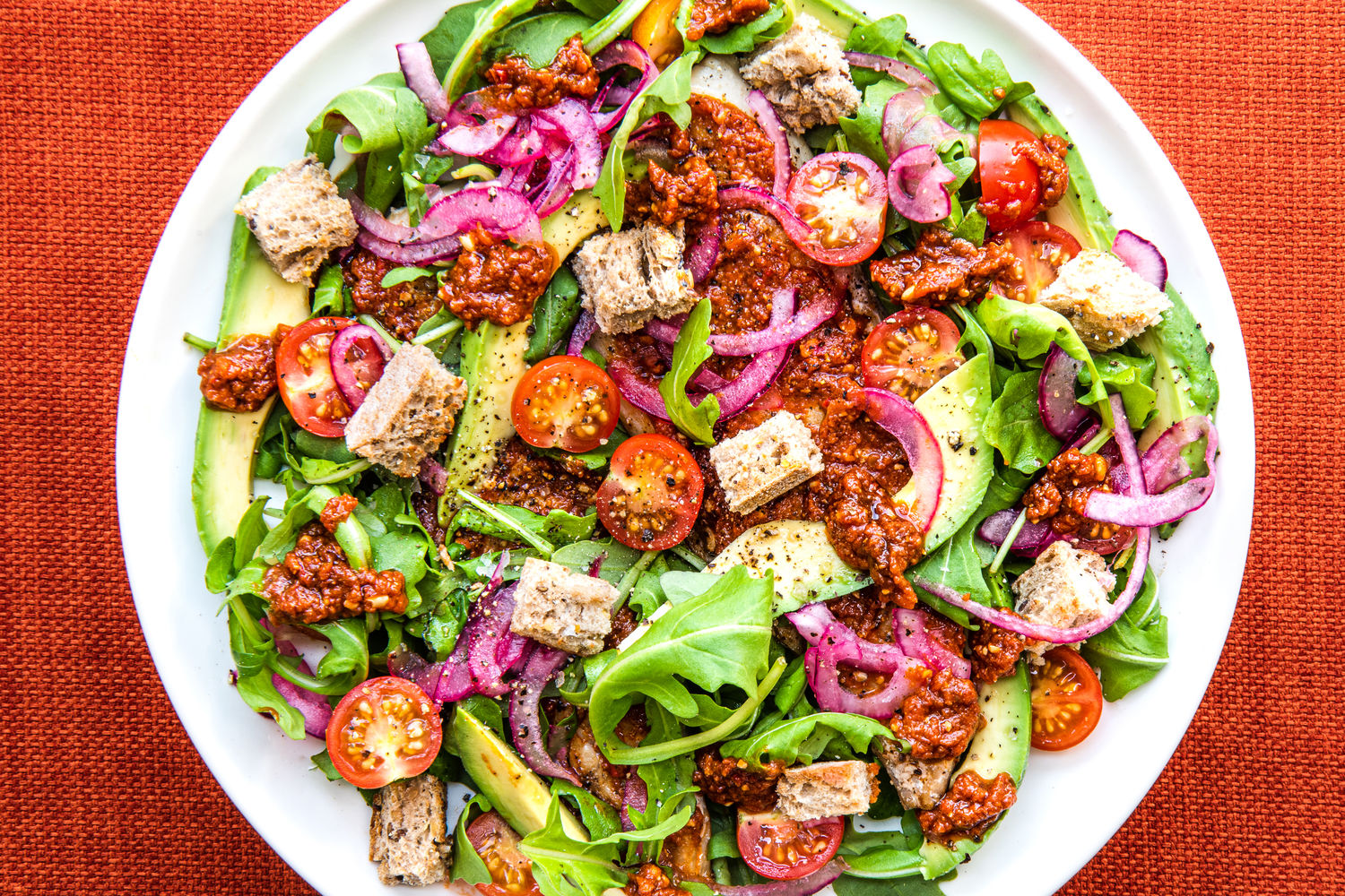 Grilled Mackerel Salad with Tomatoes, Rocket, Avocado, Garlicky Croutons and Red Pesto