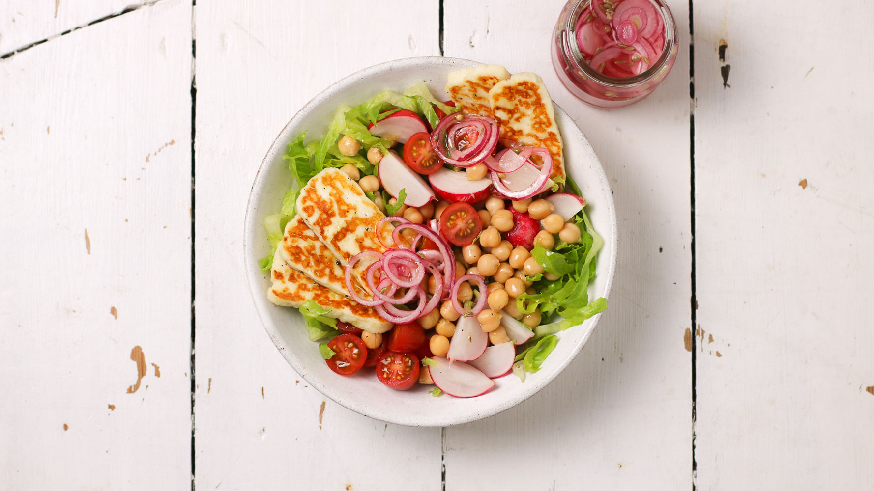 Halloumi Grilled Salad with Broad Beans and Pickled Onions