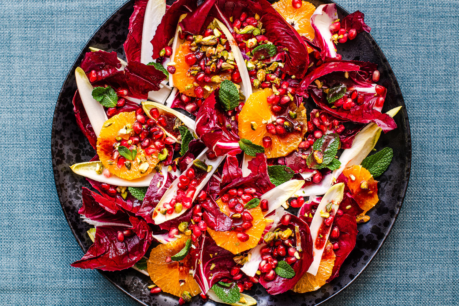 Orange, Pomegranate, Radicchio, Chicory, Mint and Pistachio Salad