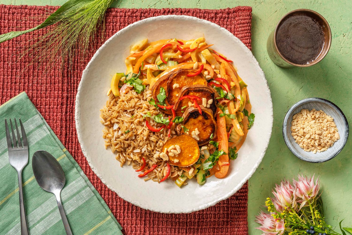 Peanut & Ginger Sweet Potato Curry with Pak Choy and Brown Basmati Rice