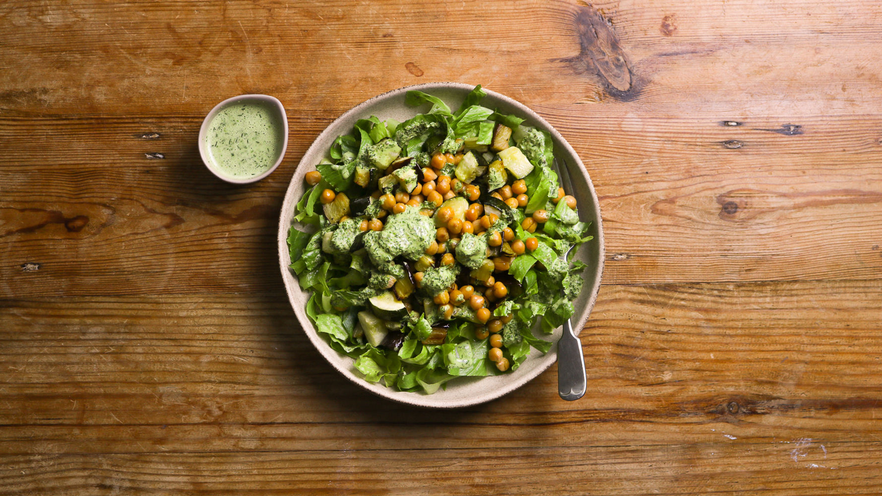 Roast Aubergine, Courgette and Chickpeas with Green Herb Dressing