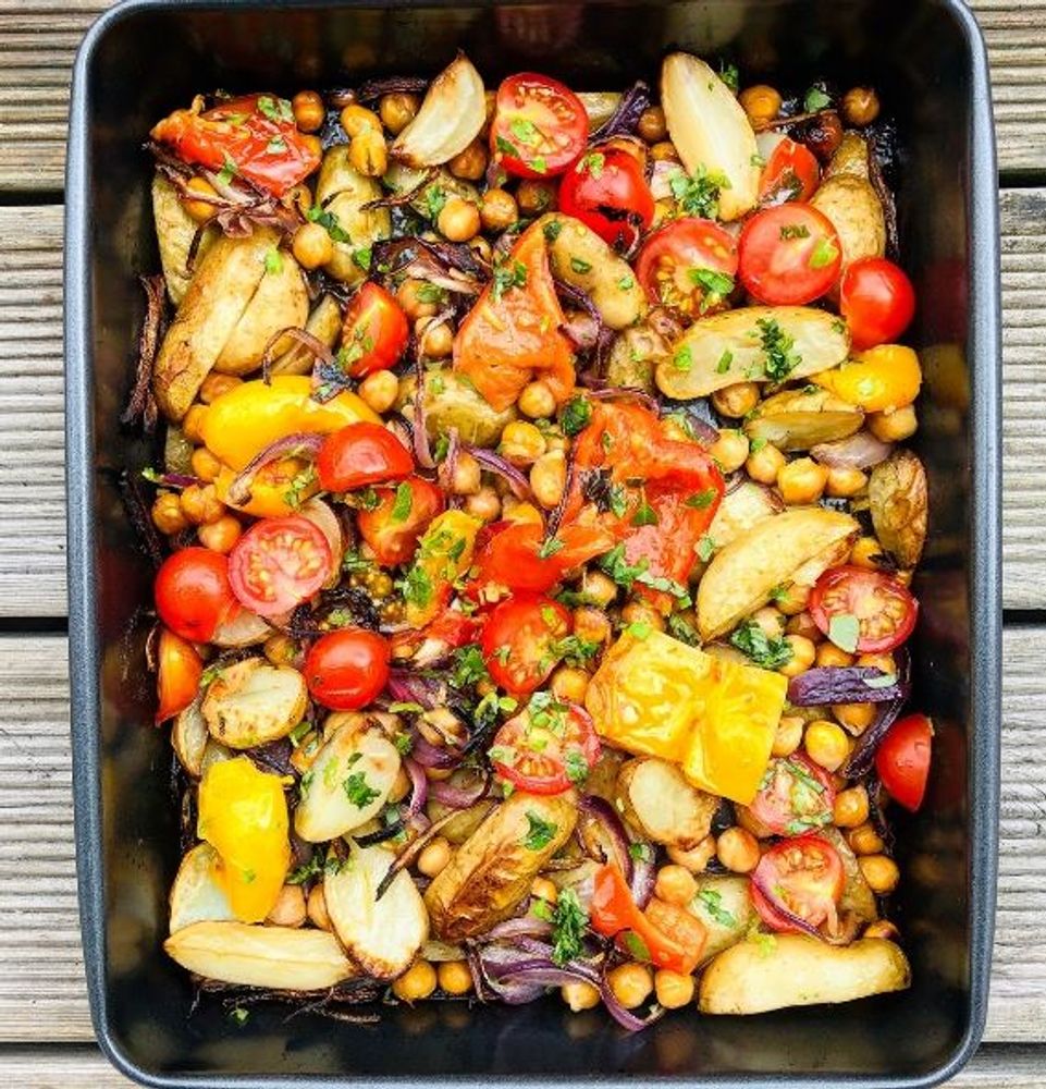 Roast Potato, Red Onion and Chickpea Traybake