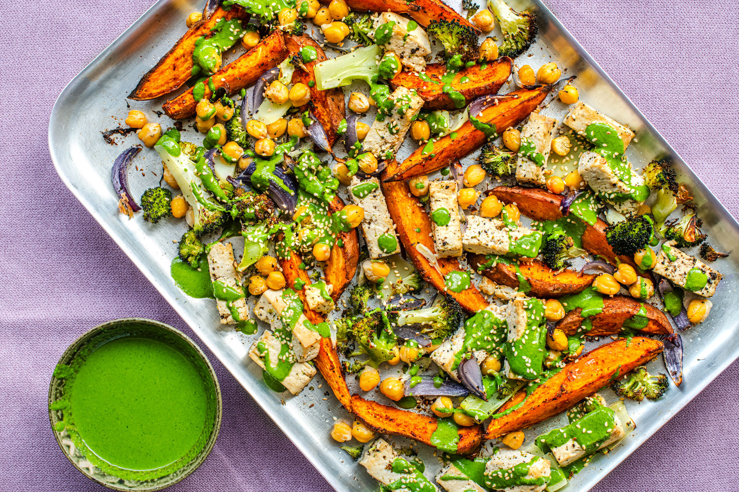 Tofu and Sweet Potato Tray Bake with Spinach, Coriander and Miso Pesto