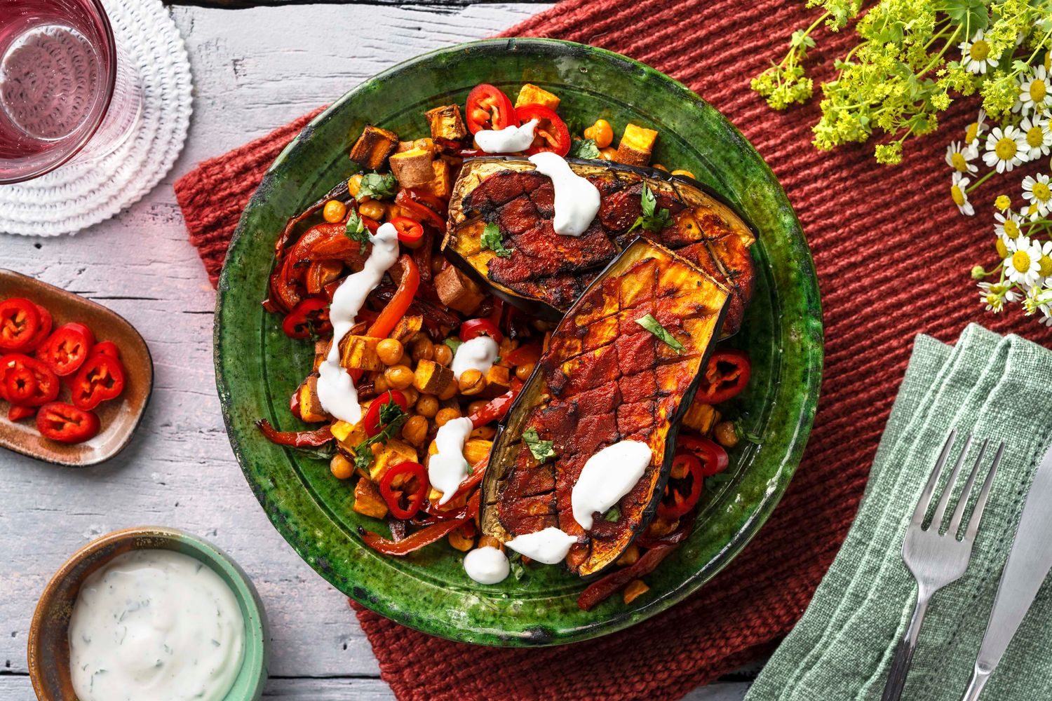 Tikka Spiced Aubergine with Chickpeas and Coriander Yoghurt