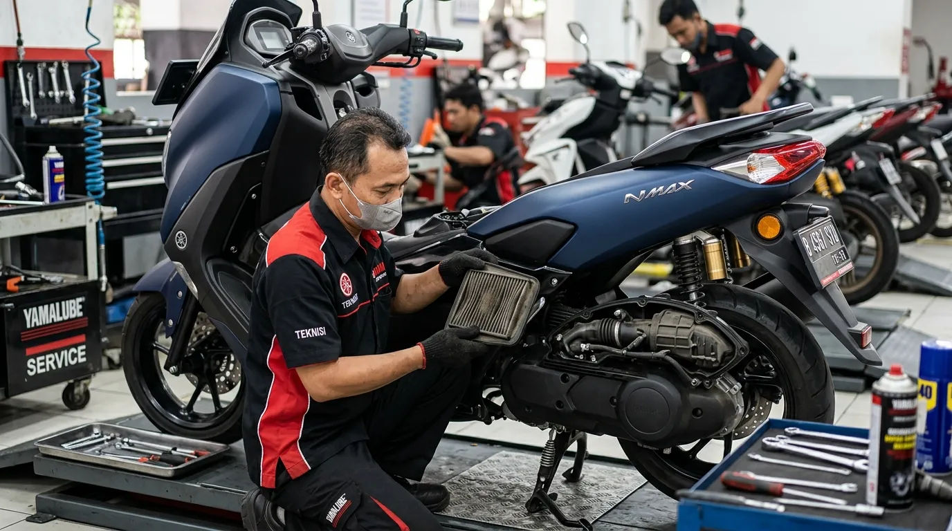 Teknisi sedang melakukan pengecekan filter udara motor matic untuk memastikan aliran udara bersih ke ruang bakar
