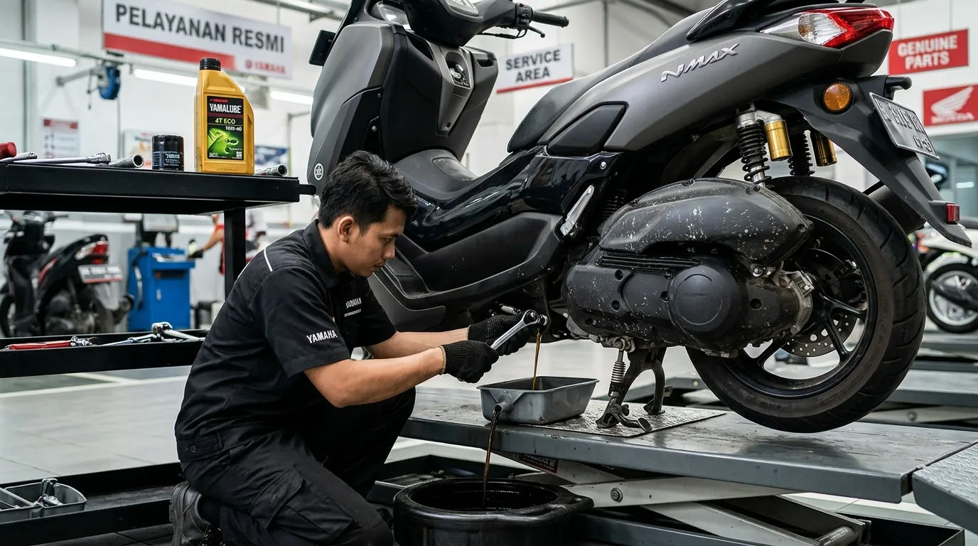Mekanik sedang melakukan penggantian oli mesin pada motor matic