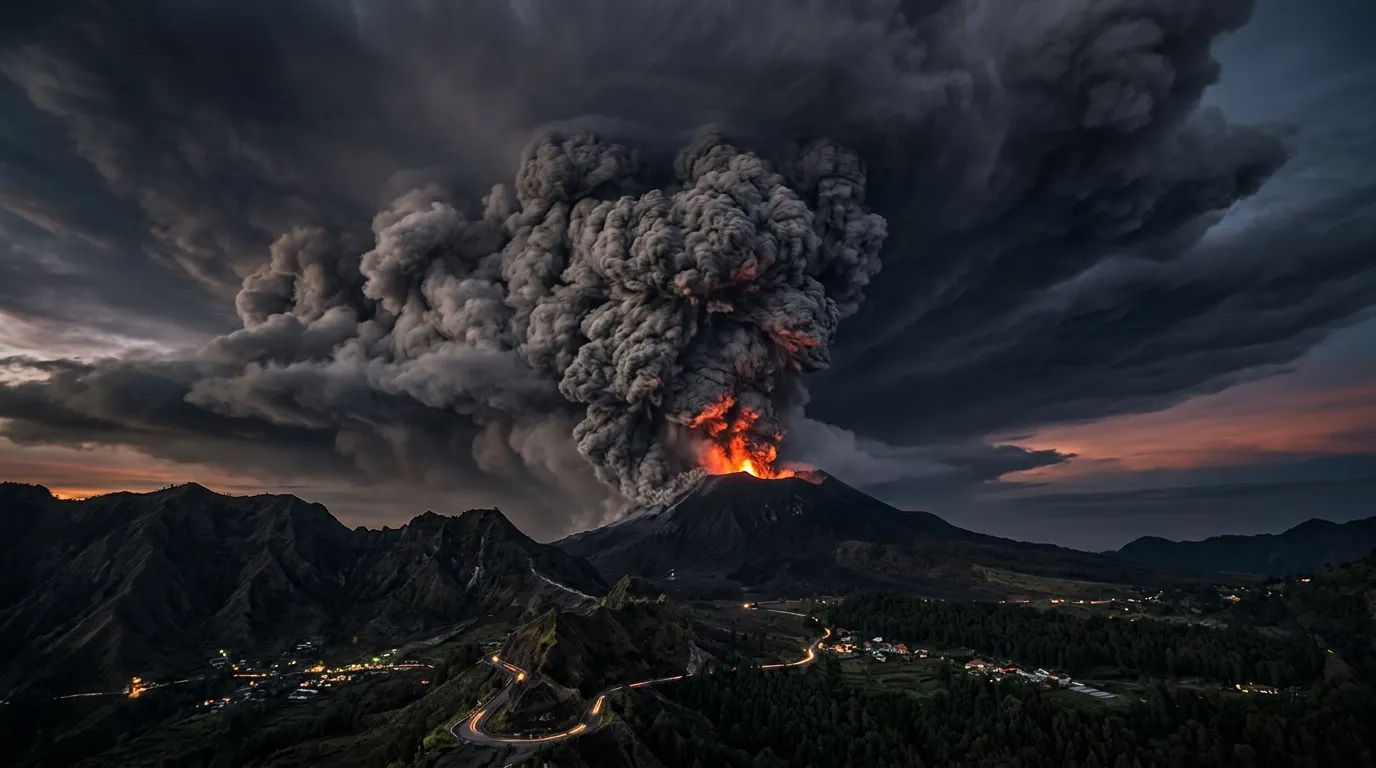 Pemandangan kepulan abu vulkanik tebal yang menutupi langit dari erupsi gunung berapi