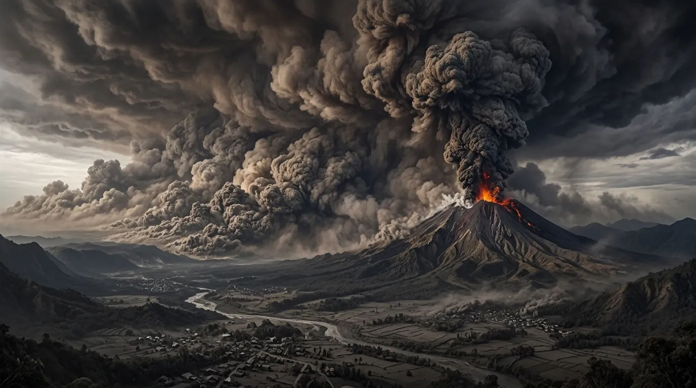 Ilustrasi debu vulkanik yang memenuhi atmosfer setelah erupsi gunung berapi