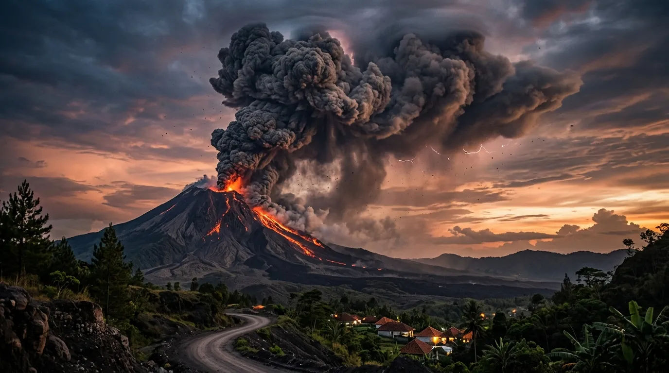 Pemandangan erupsi gunung berapi yang mengeluarkan material abu vulkanik pekat ke atmosfer