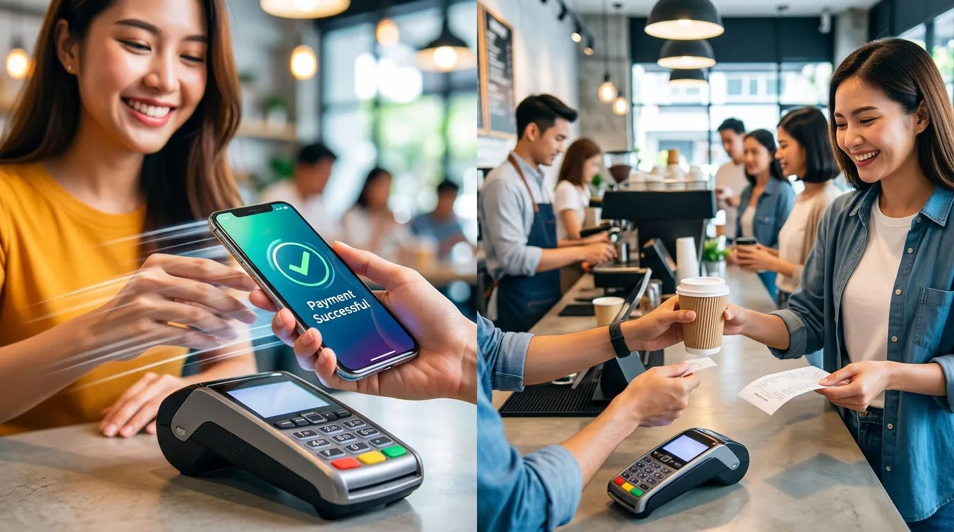 Ilustrasi transaksi pembayaran digital di sebuah toko retail yang efisien