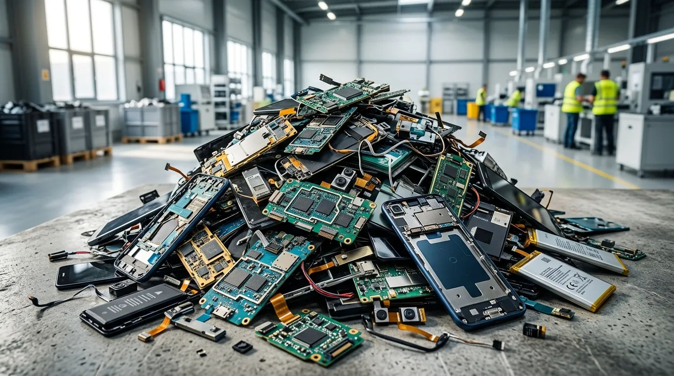 Ilustrasi penumpukan limbah elektronik dari komponen smartphone yang tidak terpakai