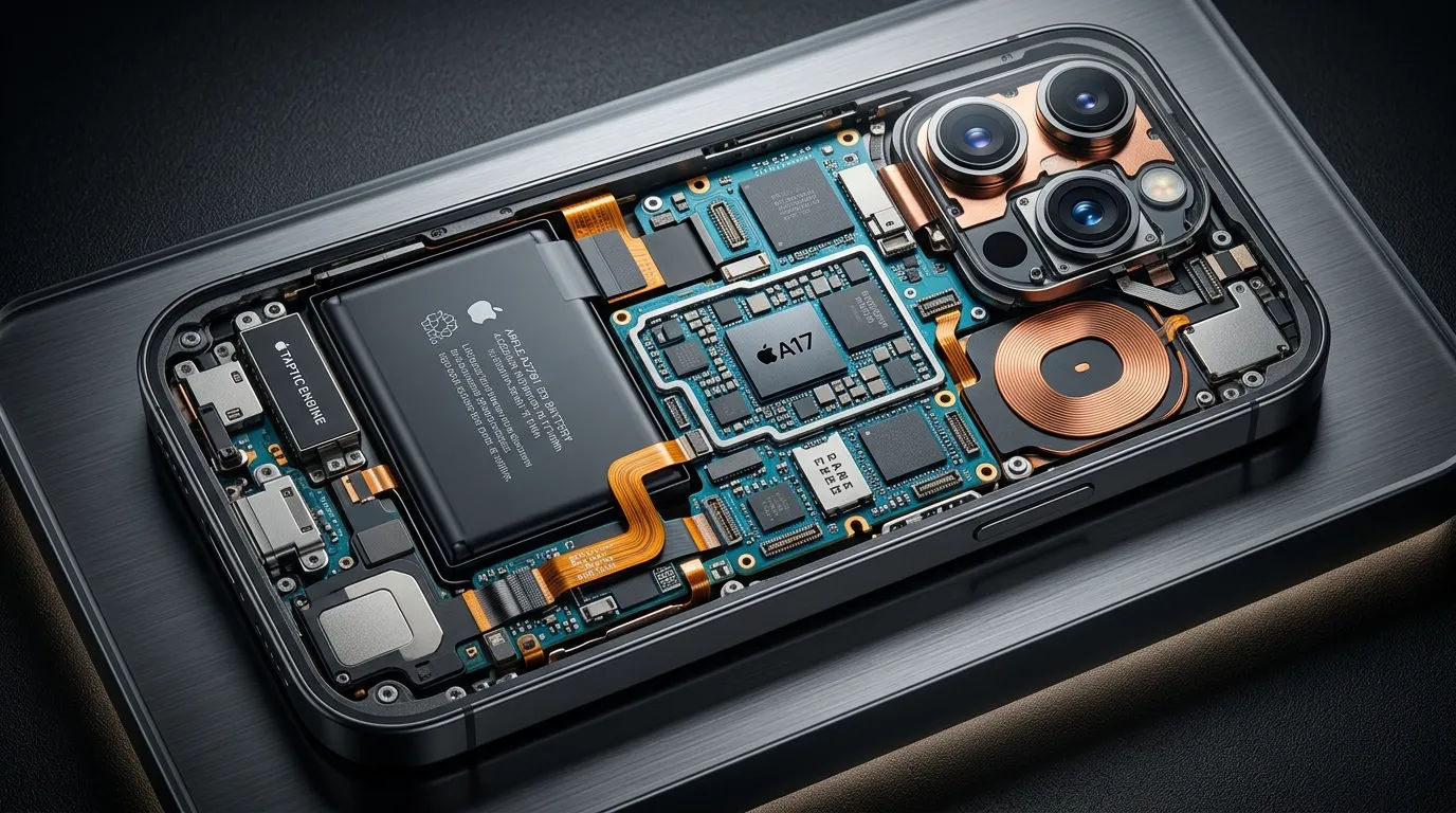 Susunan komponen internal yang rapat pada smartphone unibody modern