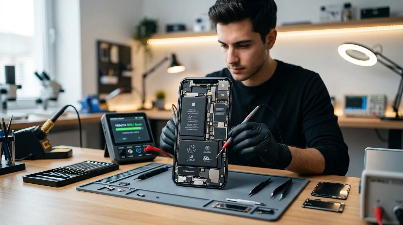 Pengecekan komponen internal smartphone di bengkel servis