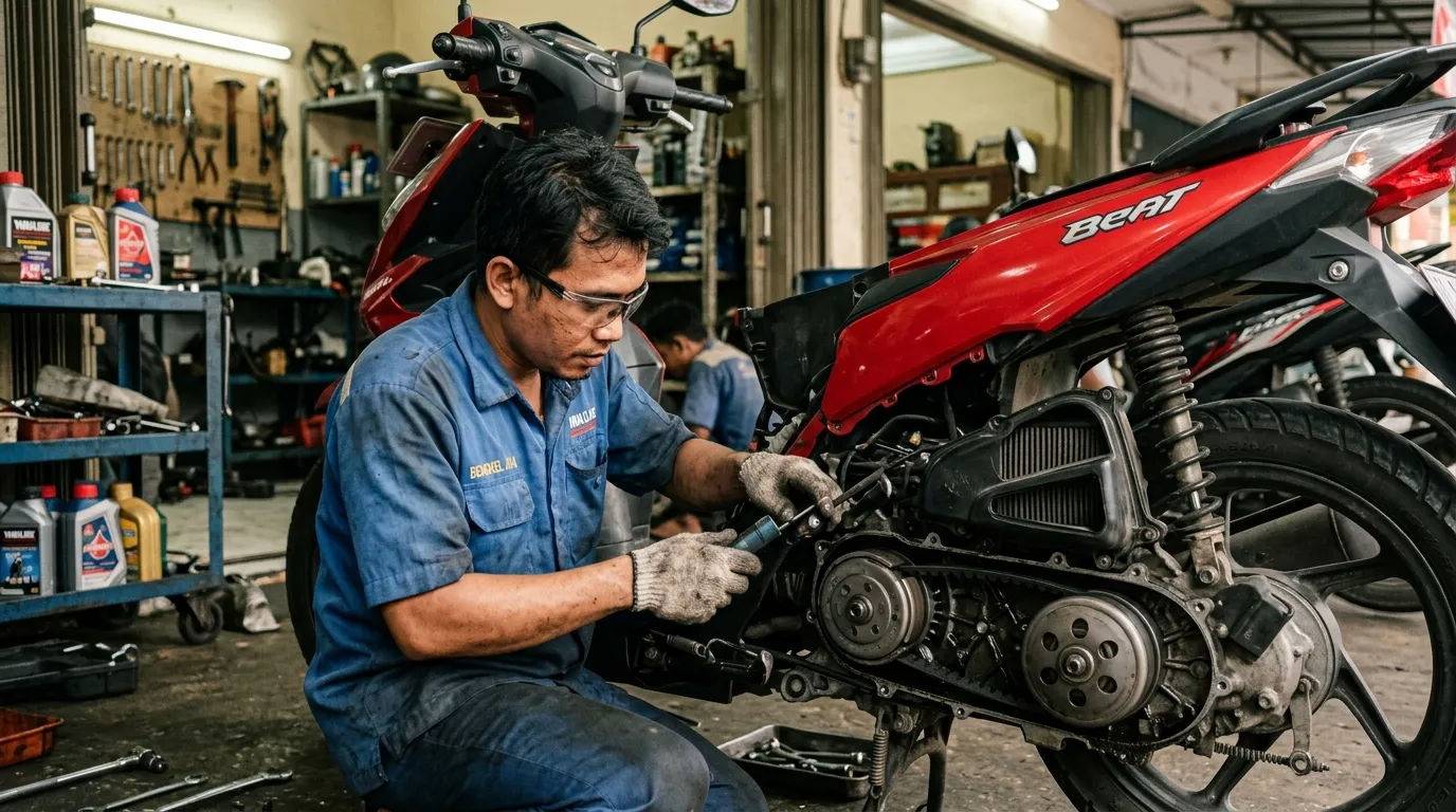 Mekanik sedang mengecek komponen mesin motor matic di bengkel