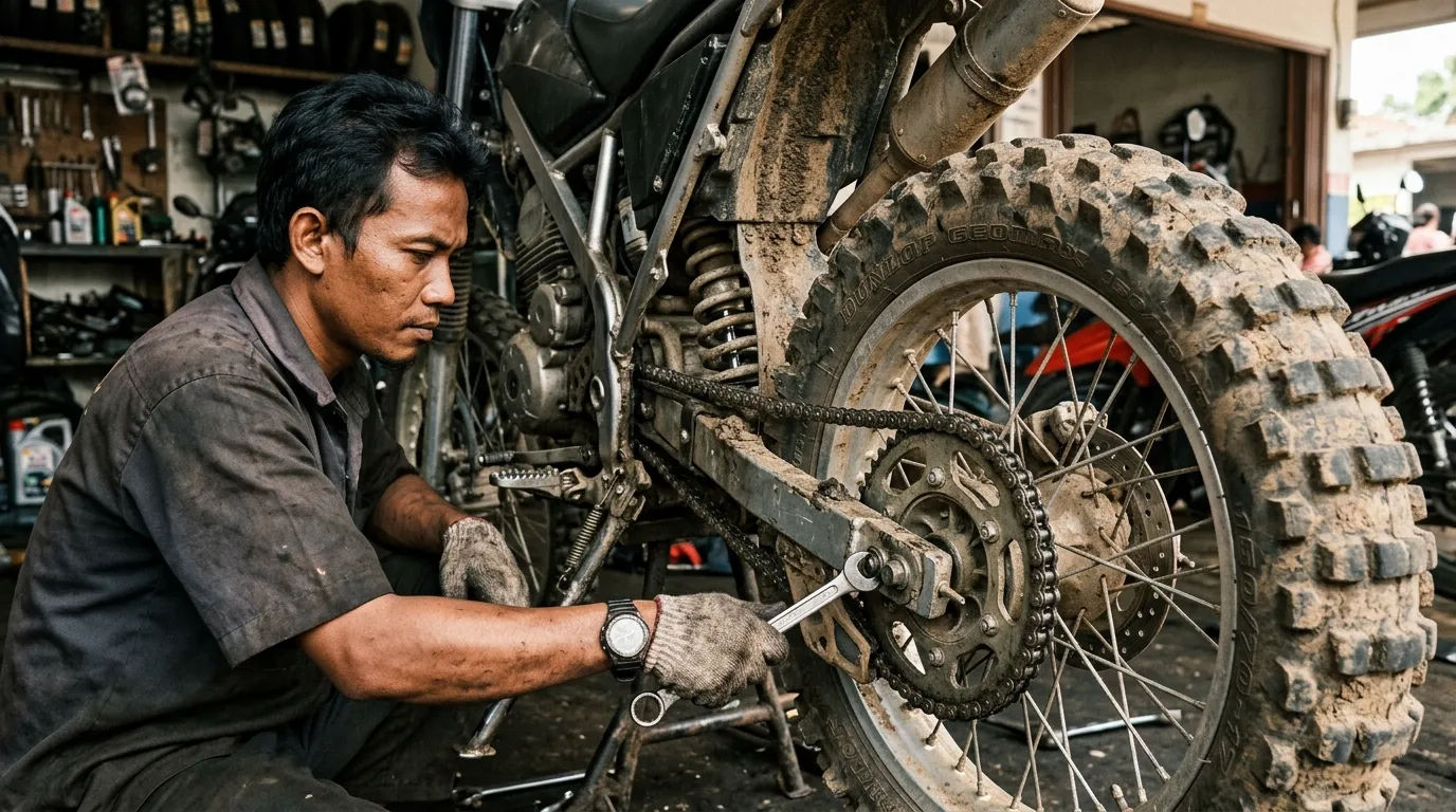 Mekanisme rantai motor yang mengalami beban berat akibat ban besar