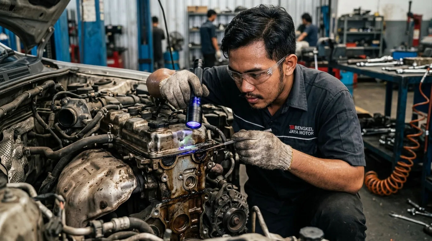 Mekanik sedang memeriksa bagian mesin motor gede setelah perjalanan panjang