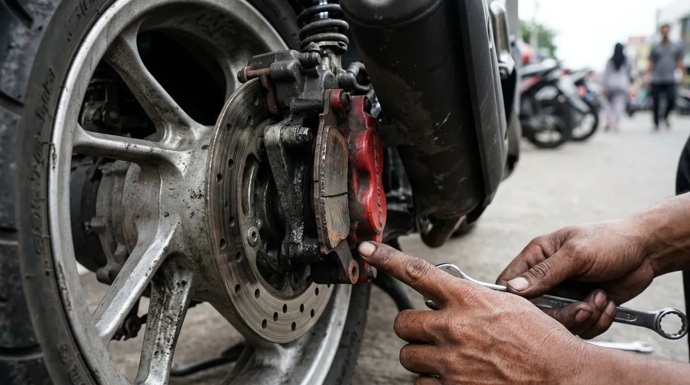 Detail kampas rem cakram motor yang sudah mulai menipis