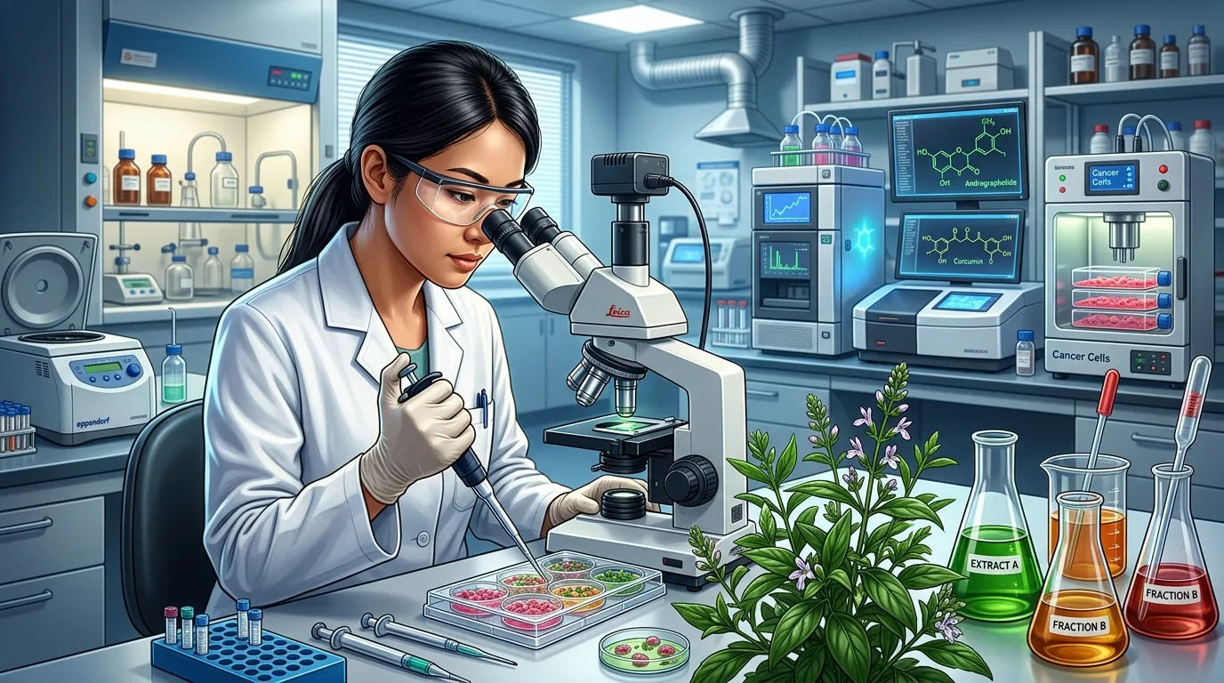 Ilustrasi penelitian laboratorium terhadap senyawa fitokimia tanaman obat untuk terapi kanker