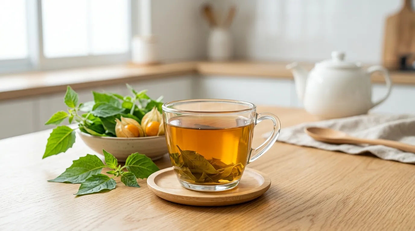 Segelas teh herbal bening di atas meja kayu