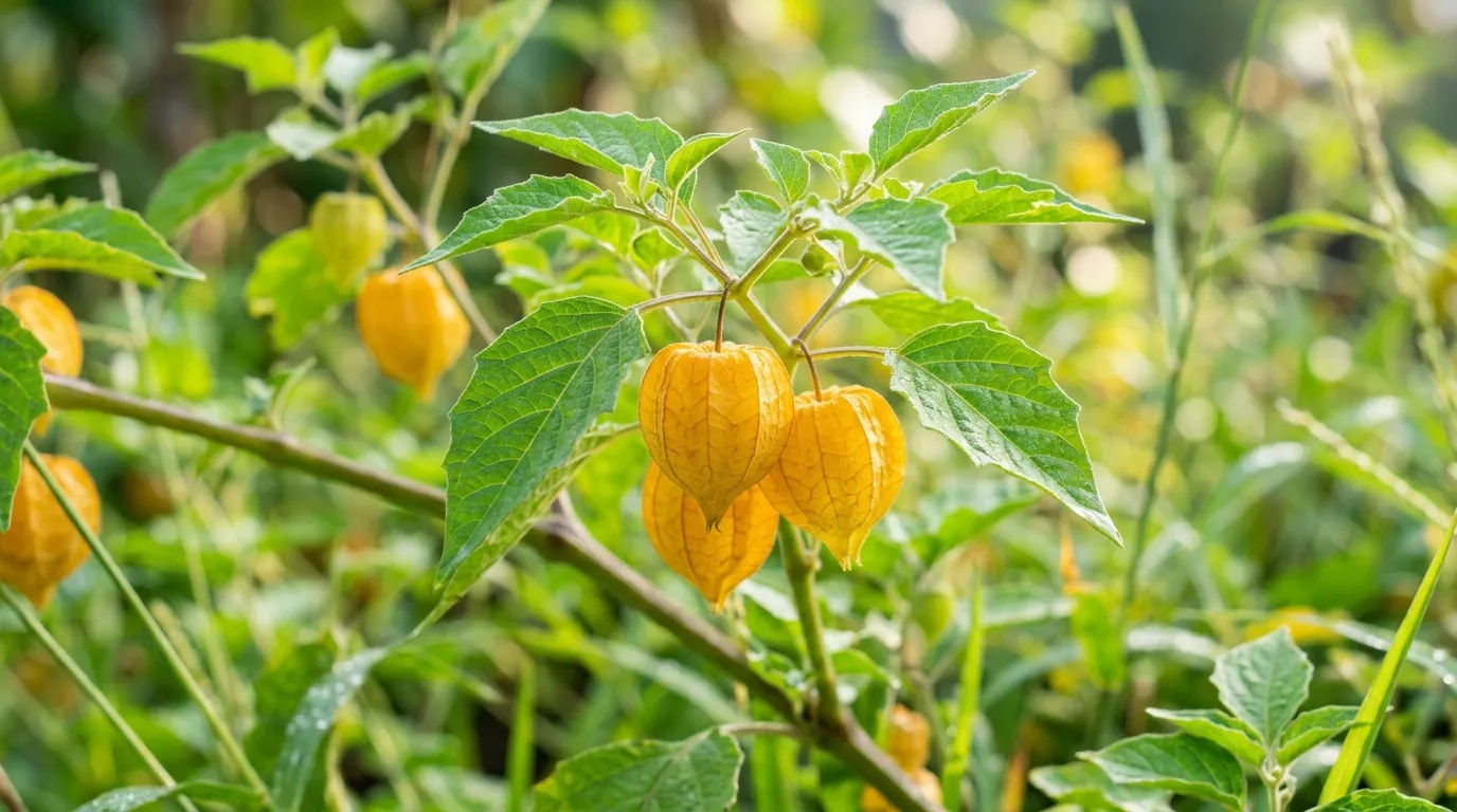 Buah dan daun ciplukan segar di alam liar