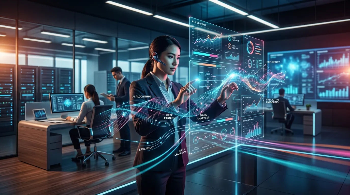 Ilustrasi pemrosesan data kecerdasan buatan yang kompleks untuk efisiensi bisnis 2026