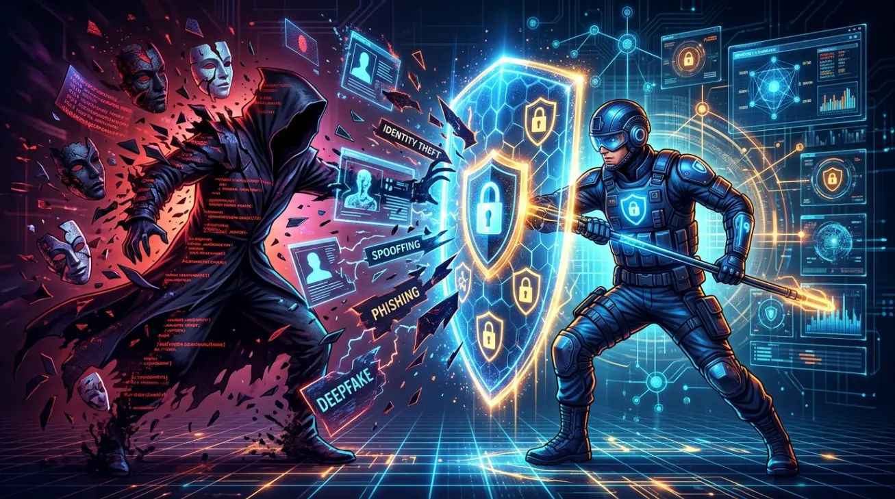 Ilustrasi visualisasi keamanan siber terhadap serangan manipulasi identitas digital
