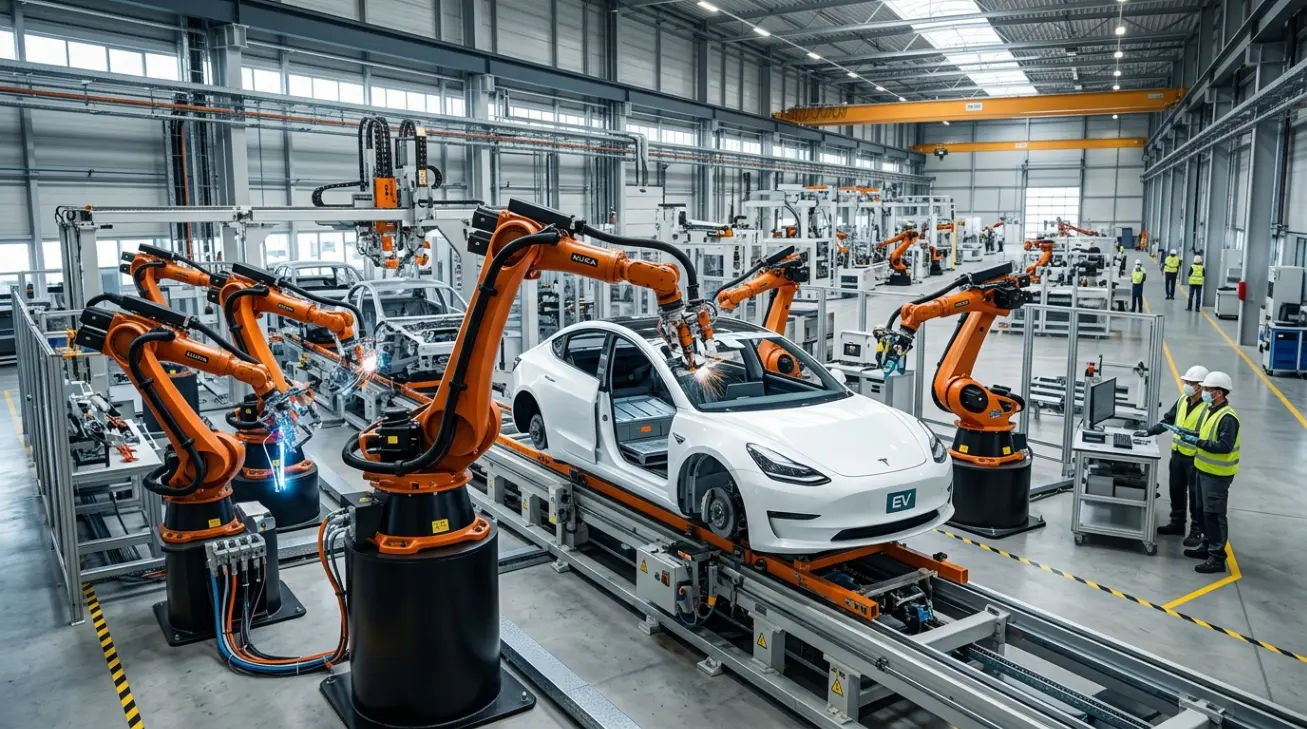Pabrik perakitan kendaraan listrik modern dengan sistem robotik