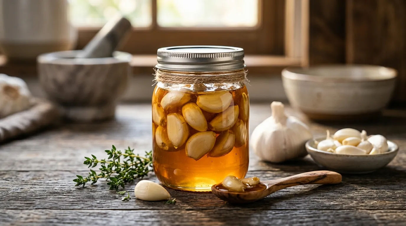 Proses fermentasi bawang putih dalam botol kaca berisi madu murni