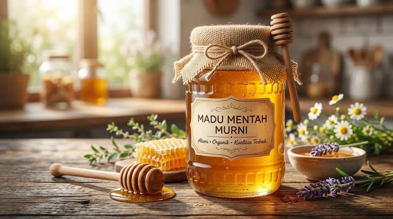 Botol kaca berisi madu mentah murni berkualitas tinggi