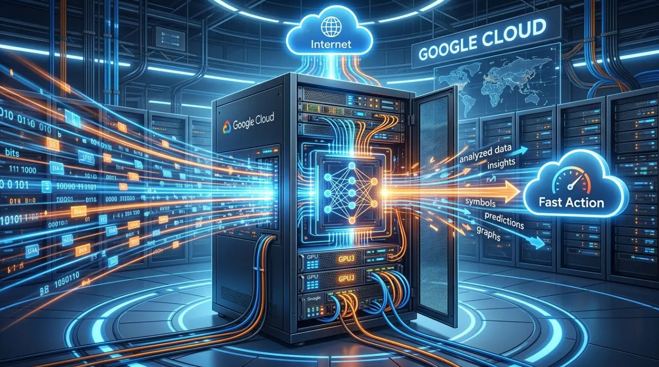 Ilustrasi sistem pemrosesan data AI dengan latensi rendah pada server Google Cloud