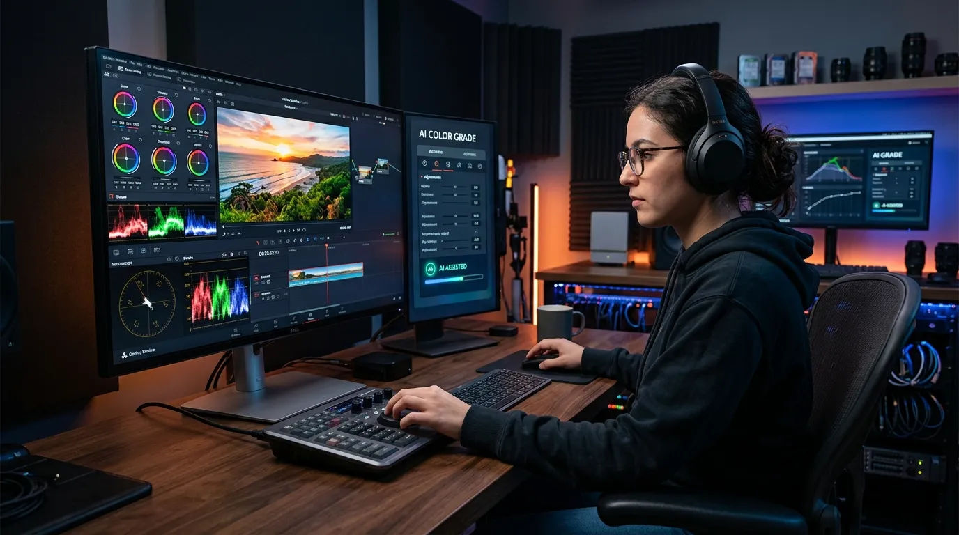 Seorang editor video sedang melakukan grading warna menggunakan bantuan AI di studio digital