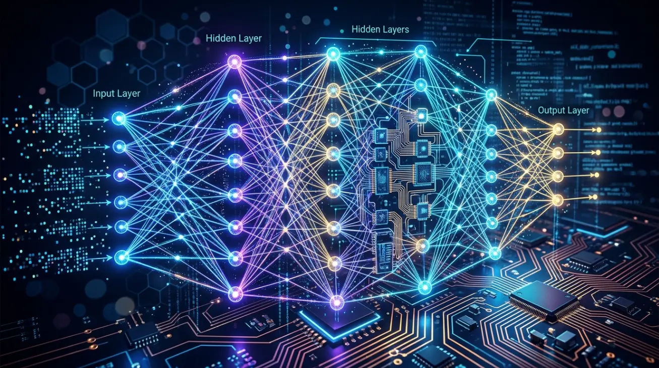 Ilustrasi arsitektur sirkuit neural AI yang canggih