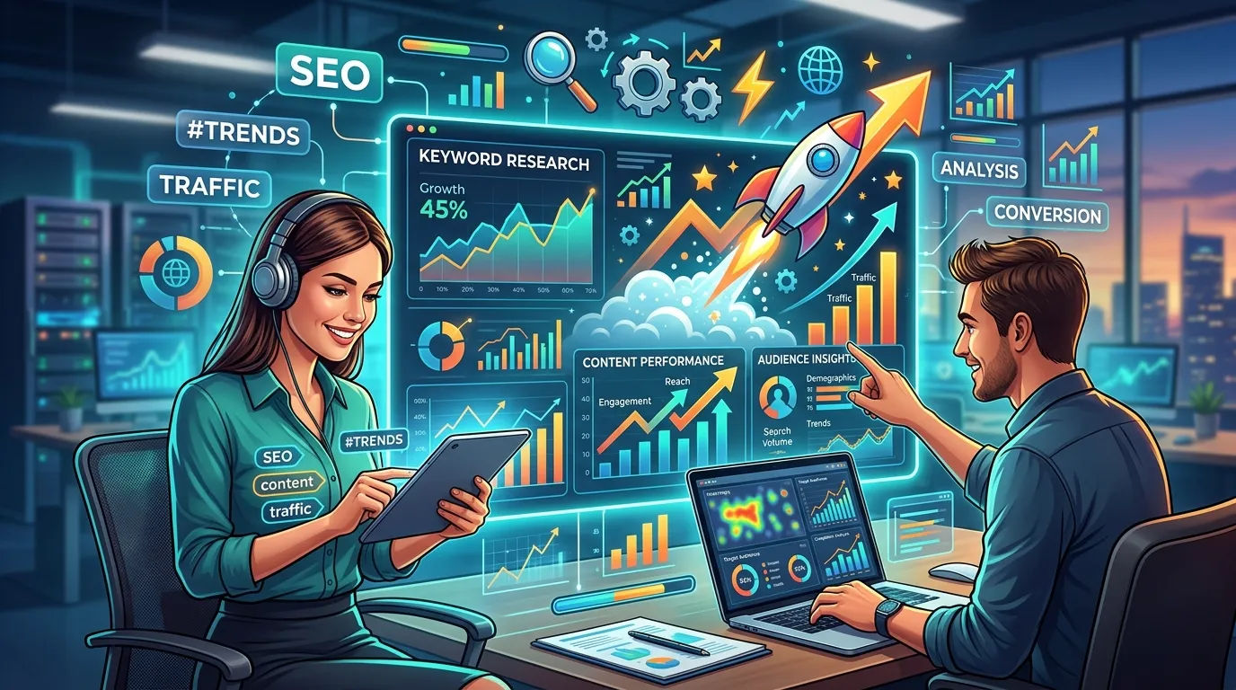 Ilustrasi optimasi konten digital dan riset pasar online