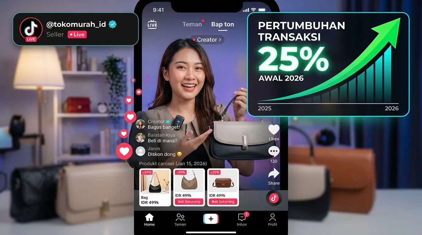 Antarmuka aplikasi TikTok yang menampilkan pertumbuhan transaksi social commerce sebesar 25 persen di awal tahun 2026