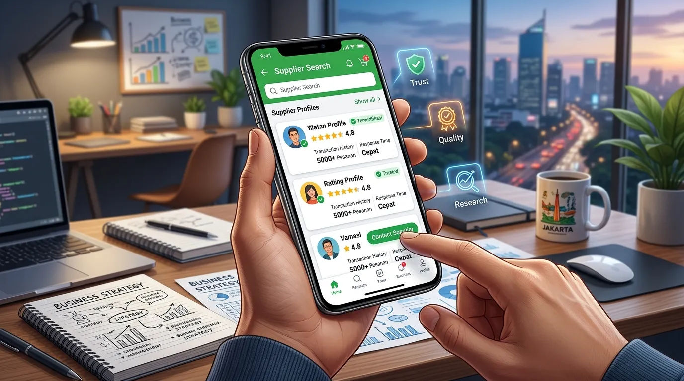 Ilustrasi riset supplier terpercaya di marketplace Indonesia melalui smartphone