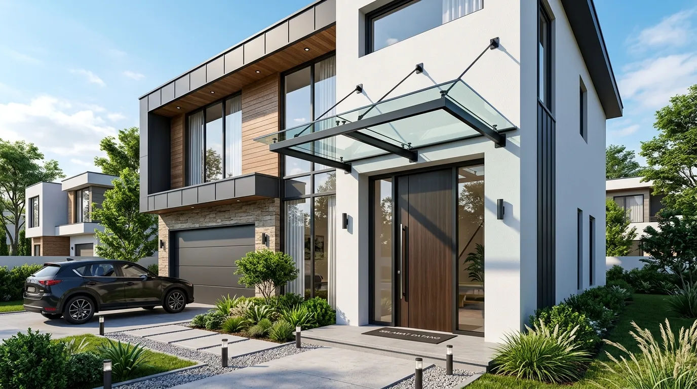 Implementasi kanopi kaca pada fasad rumah minimalis modern