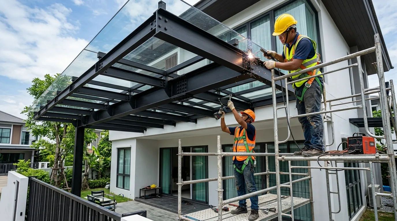 Proses pemasangan rangka kanopi kaca baja hitam