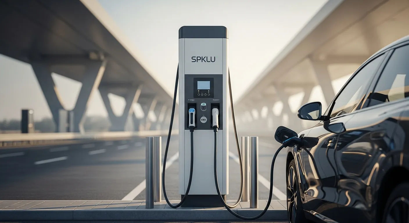 Stasiun pengisian kendaraan listrik modern dengan teknologi DC Fast Charging di area perkotaan