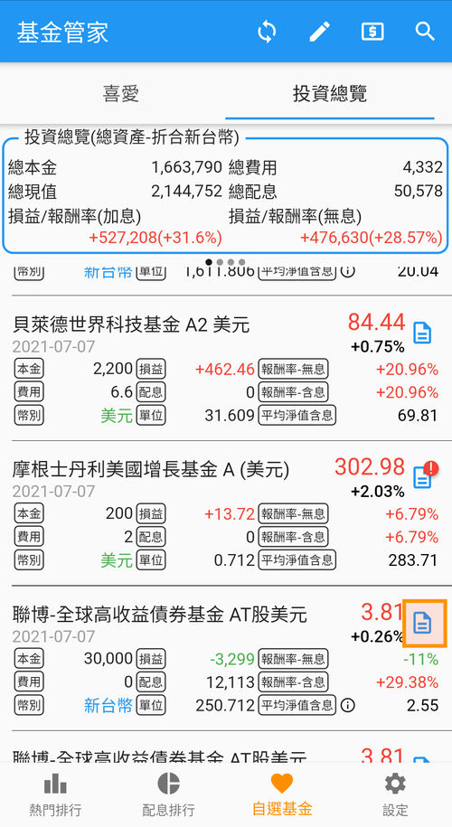 自選基金投資總覽介面